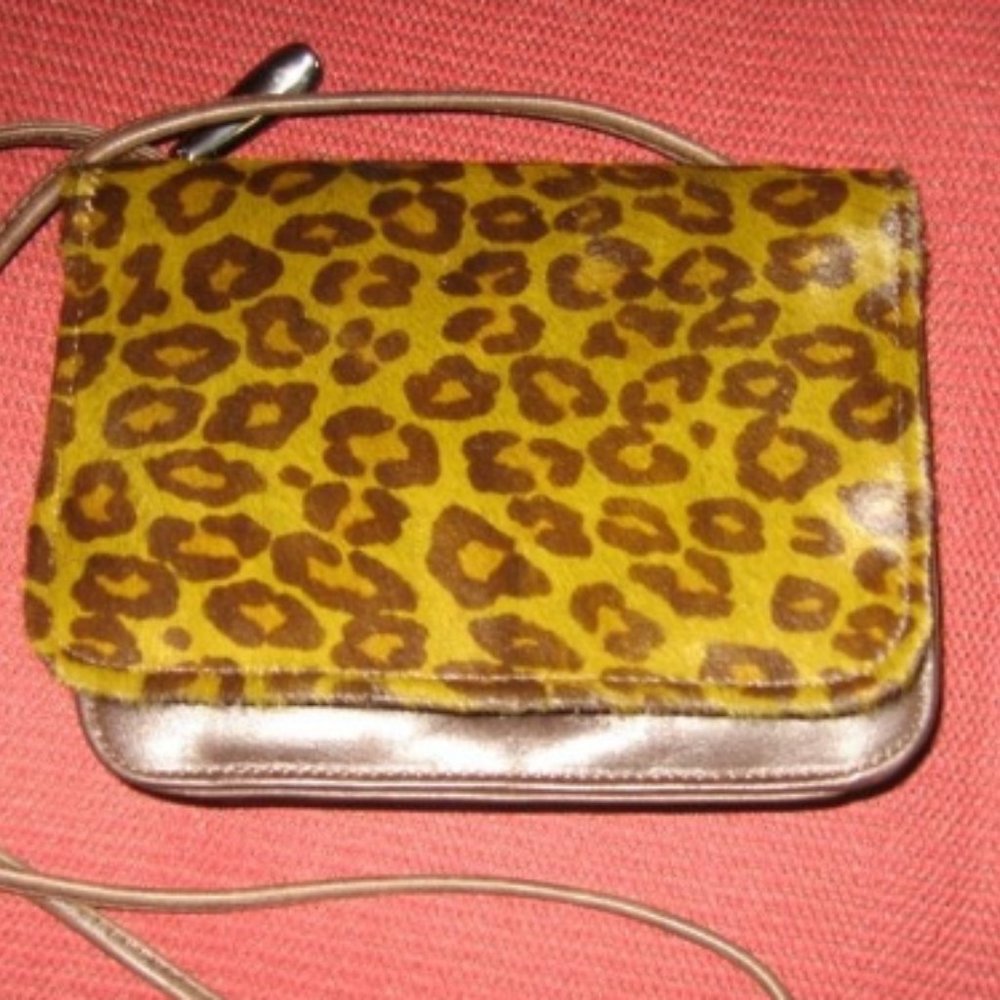 ❤️DONALD J PLINER Animal Print Leopard Pony Fur&Croc Crossbody Mini Bag Purse